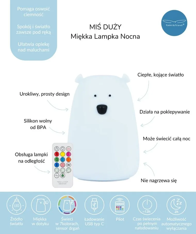 Miś, lampka silikonowa z pilotem, duża, błękitna chmurka