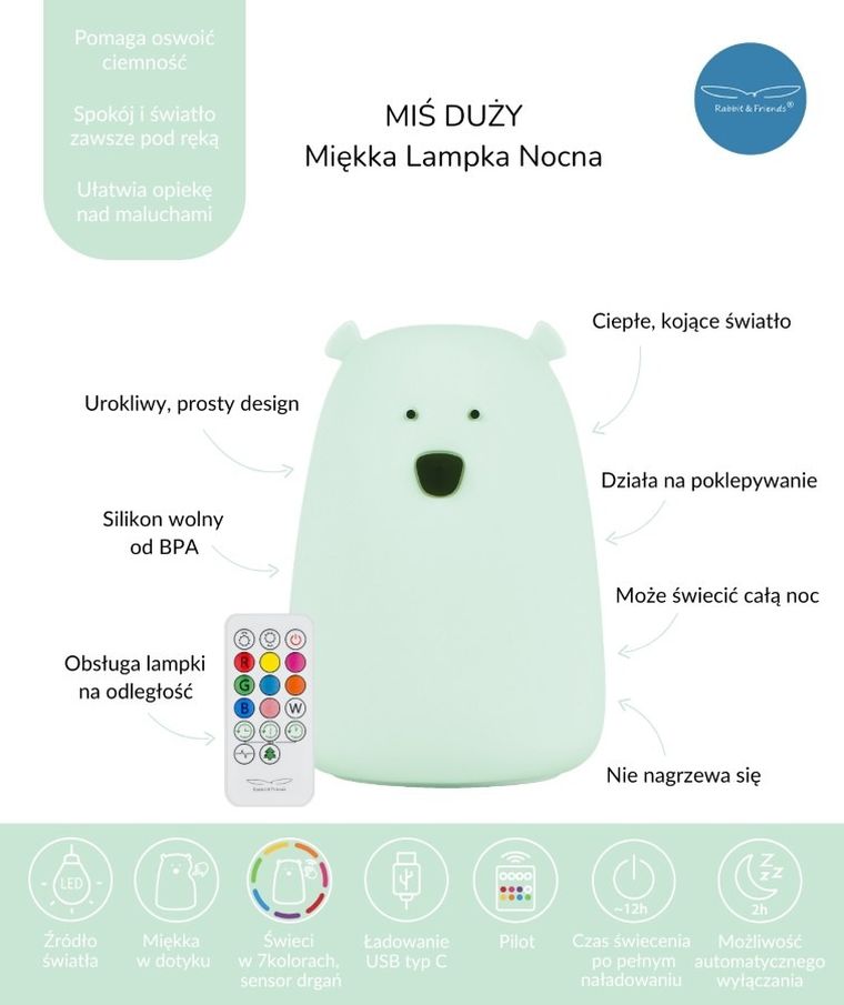 Miś, lampka silikonowa z pilotem, duża, jasna mięta