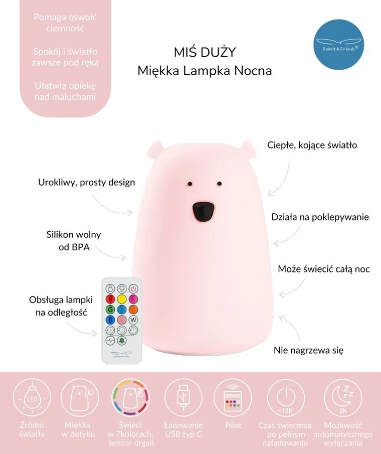 Miś, lampka silikonowa z pilotem, duża, różowa