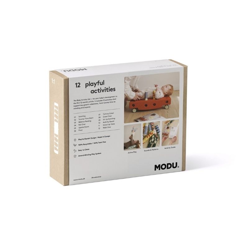Modu, Baby Activity Set, zestaw klocków aktywizujących z funkcją jeździka, Burnt Orange/Dusty Green