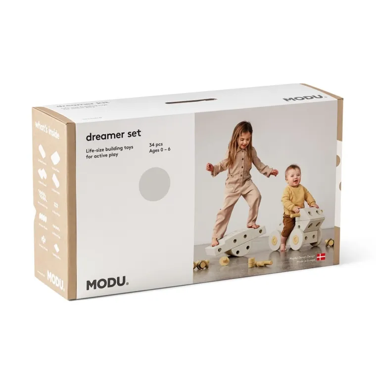 Modu, Dreamer Set, kreatywne klocki rozwijające motorykę dużą, z funkcją jeździka, Sand Grey/Honey Yellow