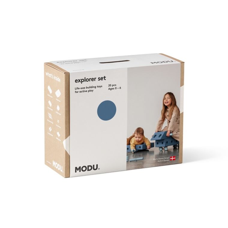 Modu, Explorer Set, kreatywne klocki rozwijające motorykę dużą, z funkcją jeździka, niebieski