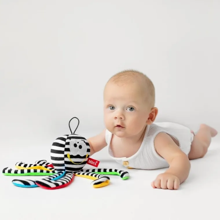 Mom's Care, ośmiornica, pierwsza maskotka, zawieszka, kontrastowa zabawka sensoryczna, biało-czarna