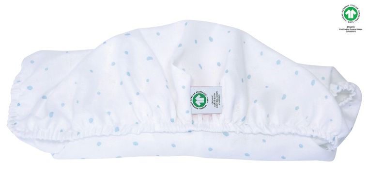 Motherhood, ECO Kropeczki Niebieskie, prześcieradło do gondoli/kosza Mojżesza z gumką, 35-75 cm