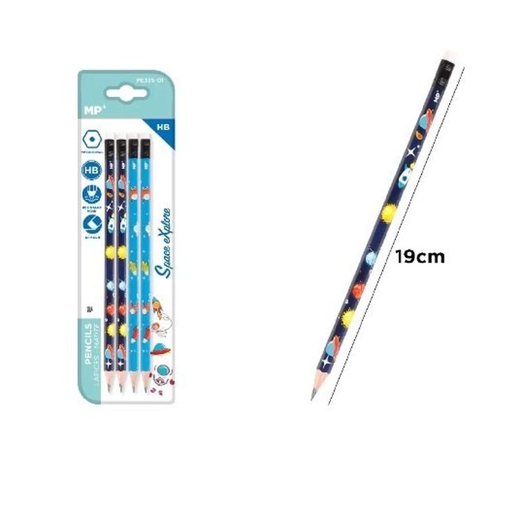 MP Main Paper, ołówek HB z gumką, kosmos, 4 szt.