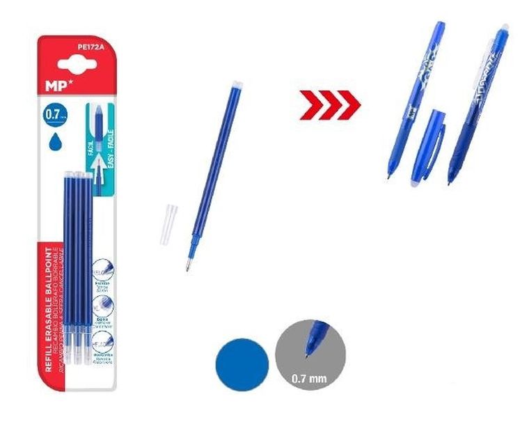 MP Main Paper, wkłady do długopisu ścieralnego, niebieskie, 0,7 mm, 3 szt.