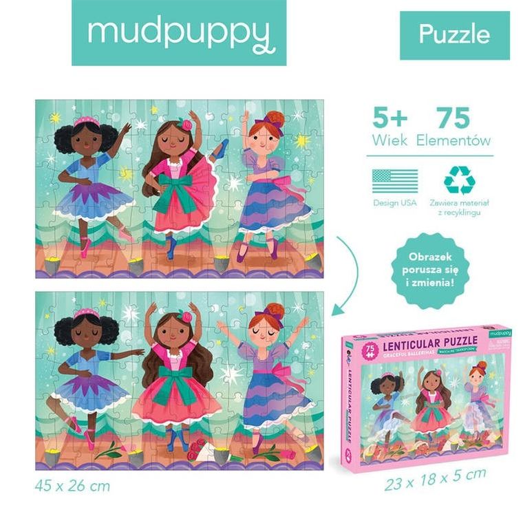 Mudpuppy, Baletnice, puzzle soczewkowe z ruchomym obrazkiem, 75 elementów