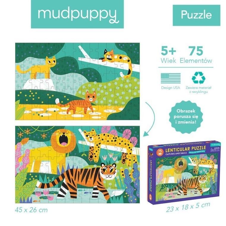 Mudpuppy, Duże i małe koty, puzzle soczewkowe z ruchomym obrazkiem 3D, 75 elementów
