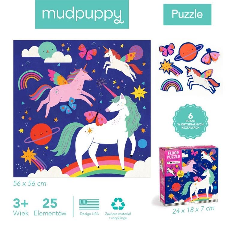 Mudpuppy, Magiczne jednorożce, puzzle podłogowe z unikalnymi kształtami, 25 elementów