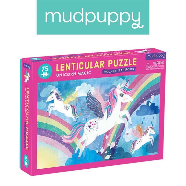Mudpuppy, Magiczne jednorożce, puzzle soczewkowe z ruchomym obrazkiem 3D, 75 elementów