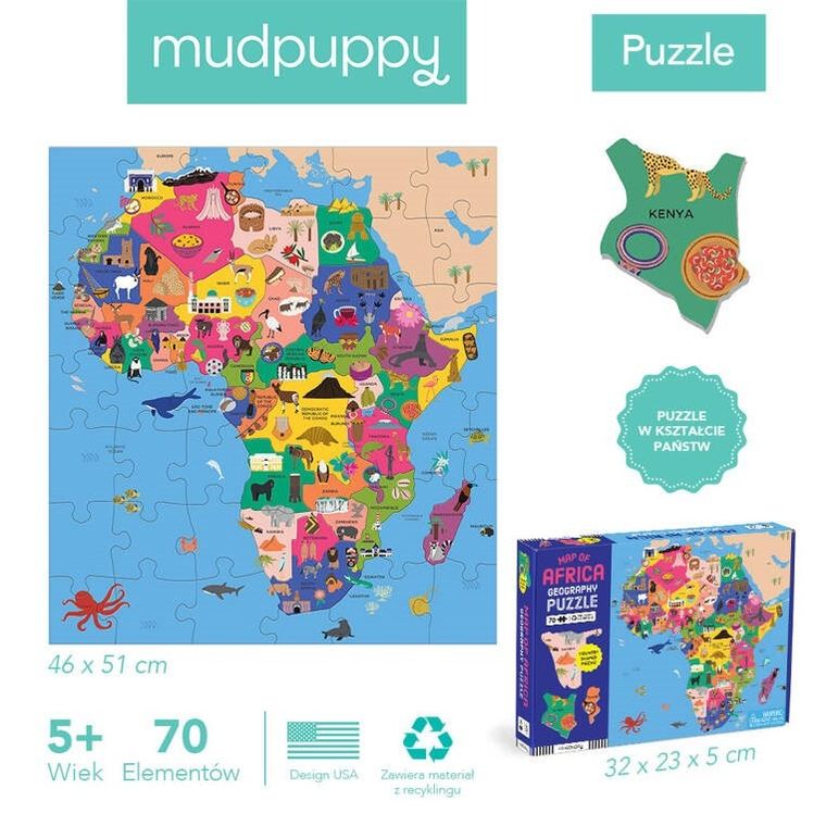 Mudpuppy, Mapa Afryki, puzzle konturowe, 70 elementów