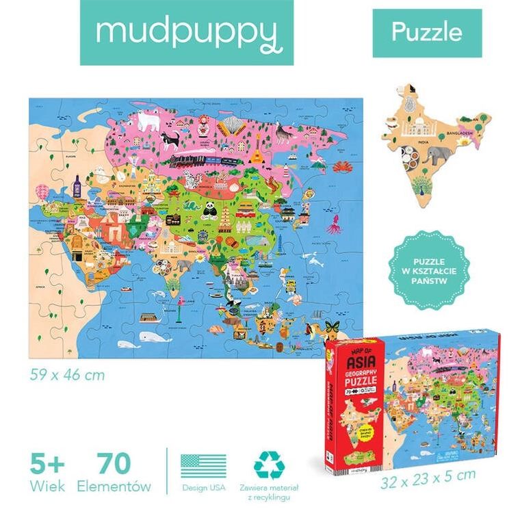 Mudpuppy, Mapa Azji, puzzle konturowe, 70 elementów