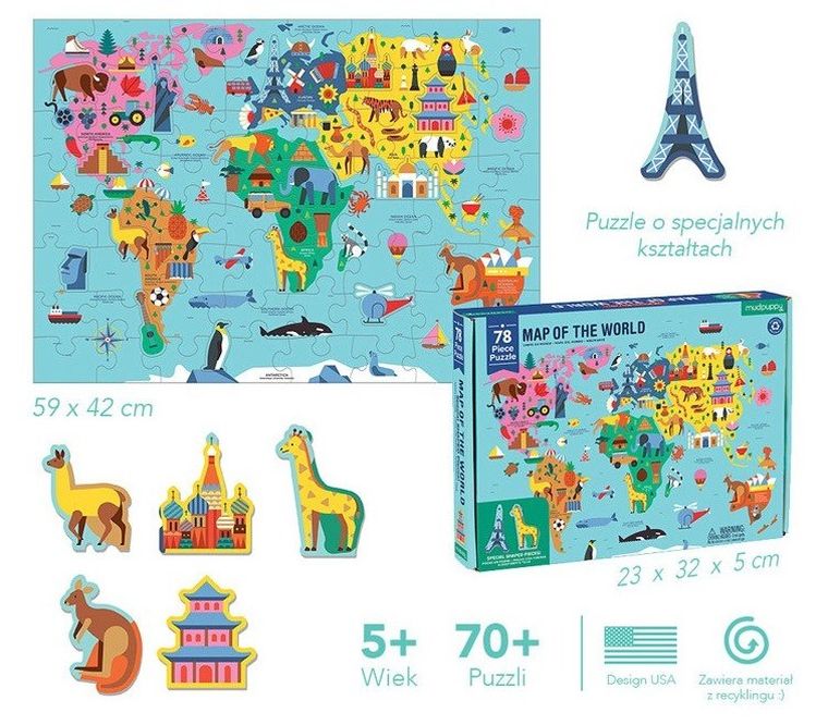 Mudpuppy, Mapa Świata, puzzle z elementami w kształcie budynków i zwierząt, 78 elementów