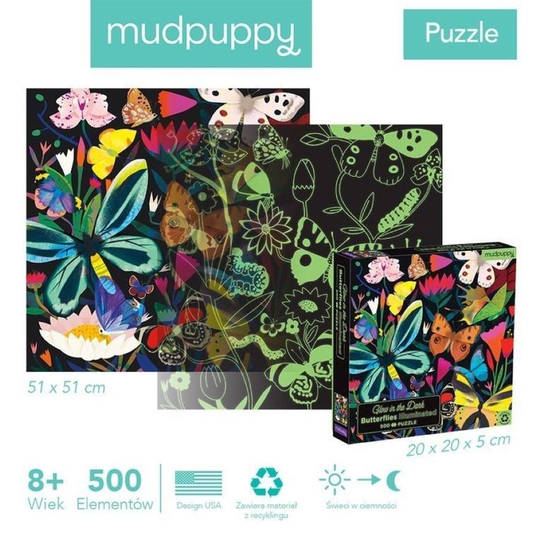 Mudpuppy, Motyle, puzzle, świecące w ciemności, 500 elementów