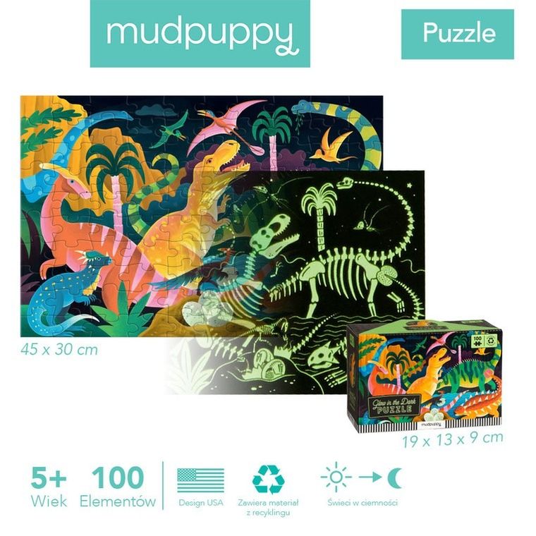 Mudpuppy, Park dinozaurów, puzzle świecące w ciemności, 100 elementów