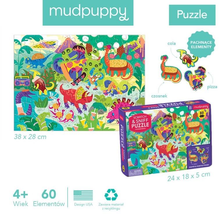 Mudpuppy, Pizzasaurus, puzzle sensoryczne z elementami zapachowymi, 60 elementów