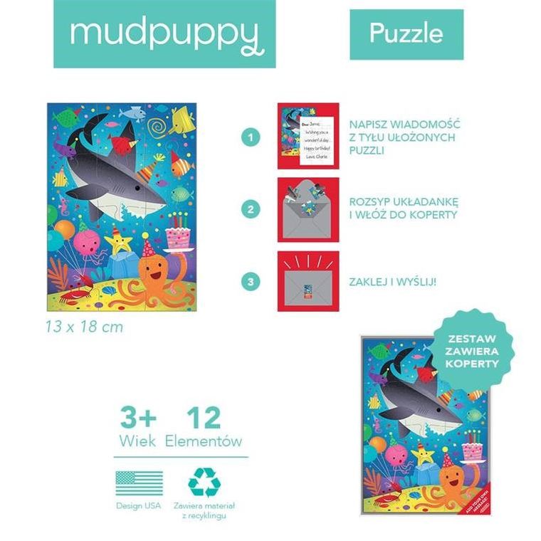 Mudpuppy, Rekin, puzzle-kartka z życzeniami, 12 elementów