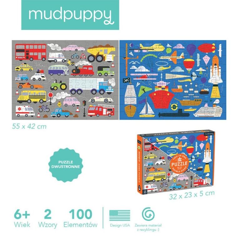 Mudpuppy, Środki transportu, puzzle dwustronne 2w1, 100 elementów