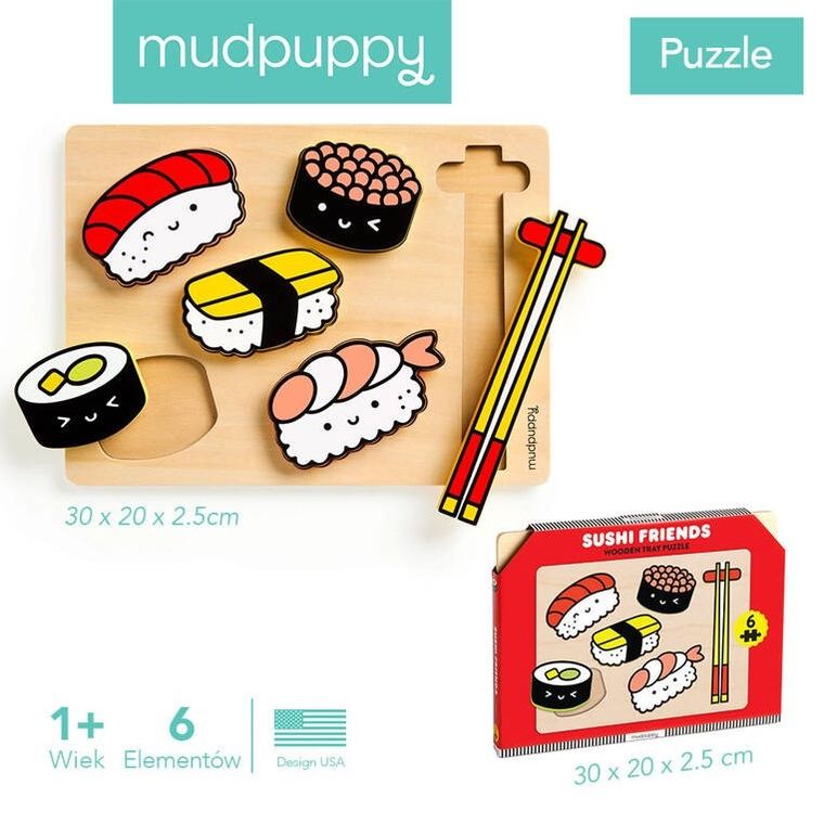 Mudpuppy, Sushi, pierwsze puzzle drewniane 3D, 6 elementów