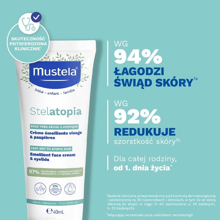 Mustela, Stelatopia Emollient Face Cream, odbudowujący krem do twarzy, 40 ml