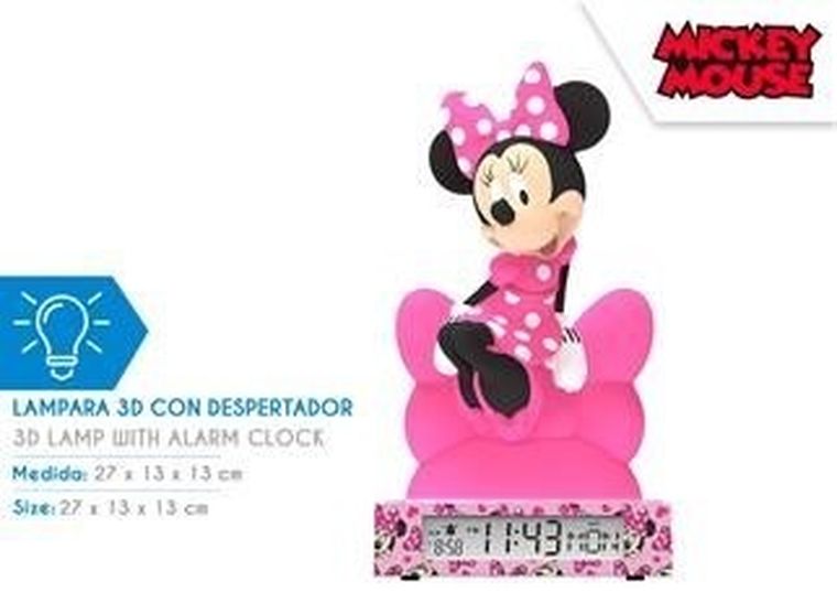 Myszka Minnie, lampka 3D z budzikiem
