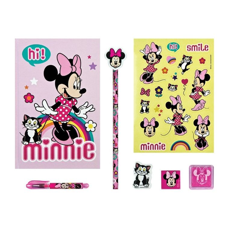 Myszka Minnie, zestaw kreatywny z notesem i naklejkami, 7 elementów