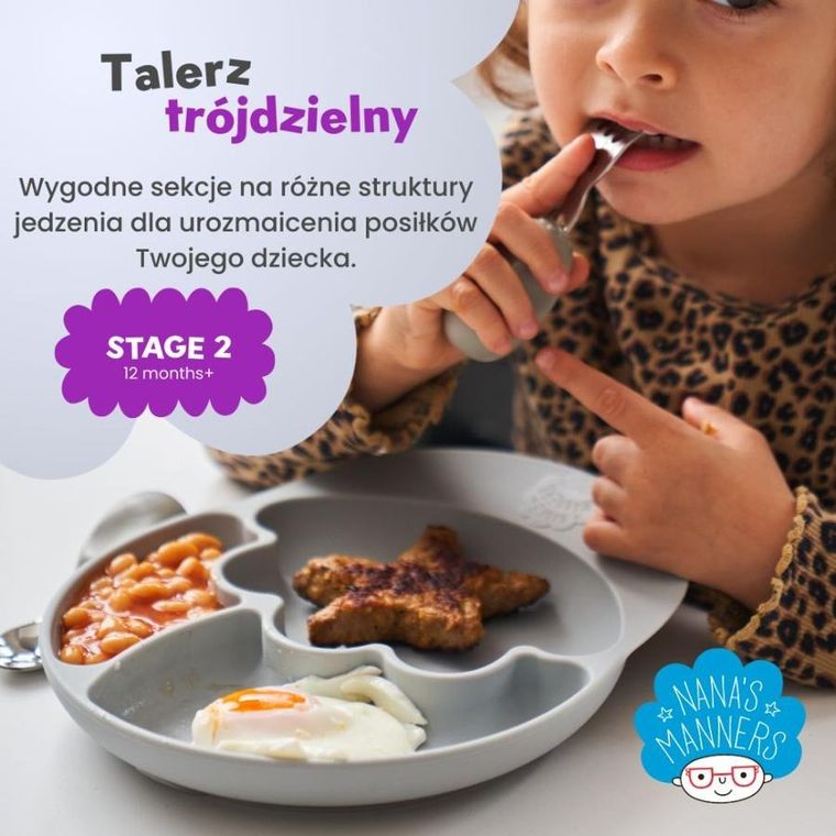 Nana's Manners, talerz silikonowy, trójdzielny z przyssawką, szary