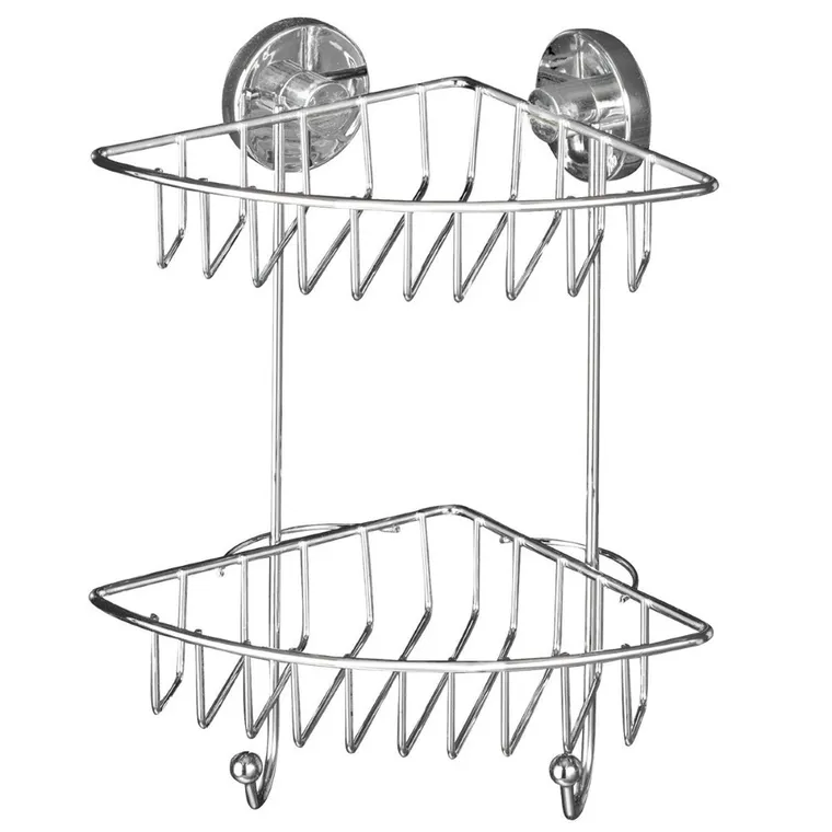 Narożna półka łazienkowa, Bari, vacuum-loc, 2 poziomy, stal chromowana