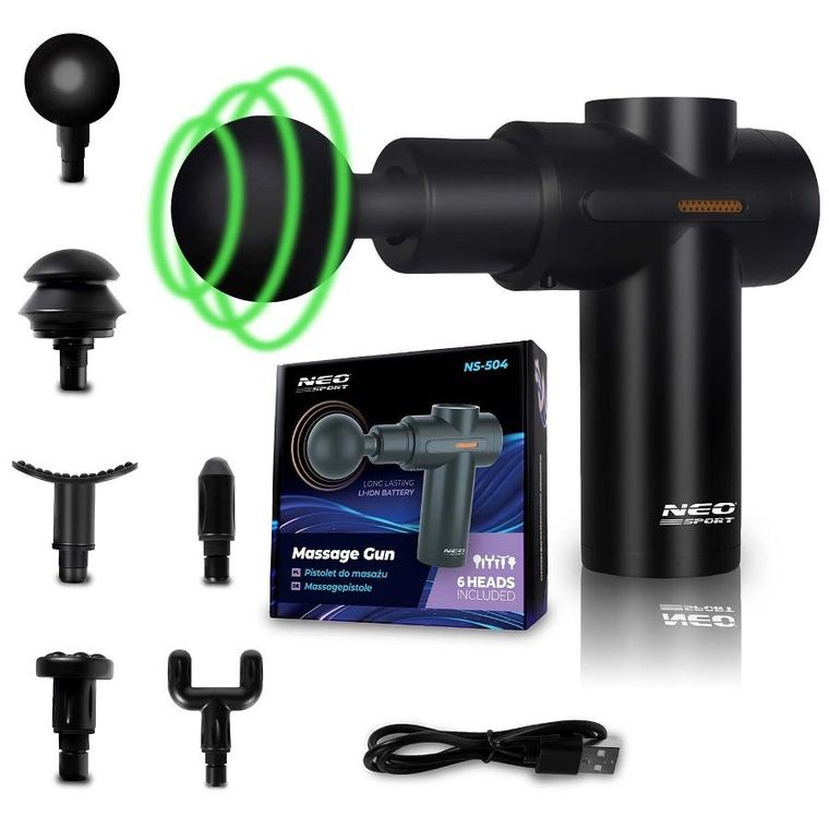 Neo-Sport, pistolet do masażu ciała, czarny, 6 nakładek, NS-504