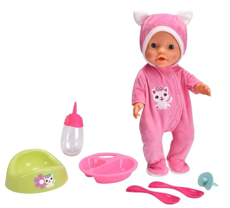New Born Baby, lalka bobas w kociej piżamce z akcesoriami, 30 cm