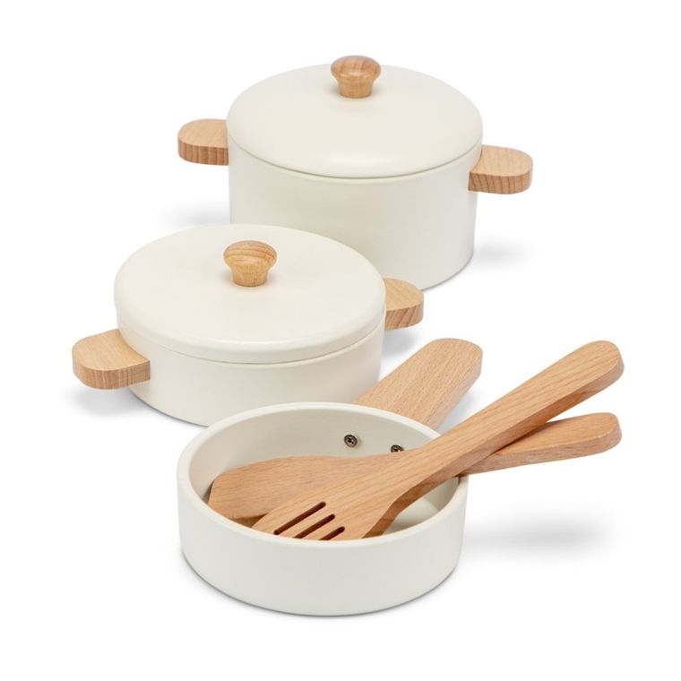 New Classic Toys, Woet, drewniany zestaw patelni i garnków, biały