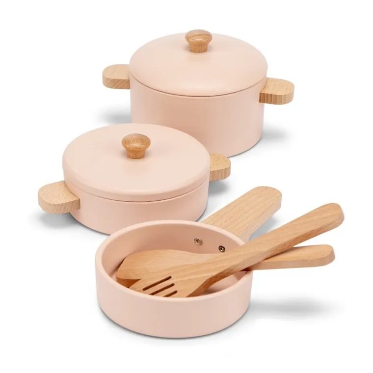 New Classic Toys, Woet, drewniany zestaw patelni i garnków, różowy