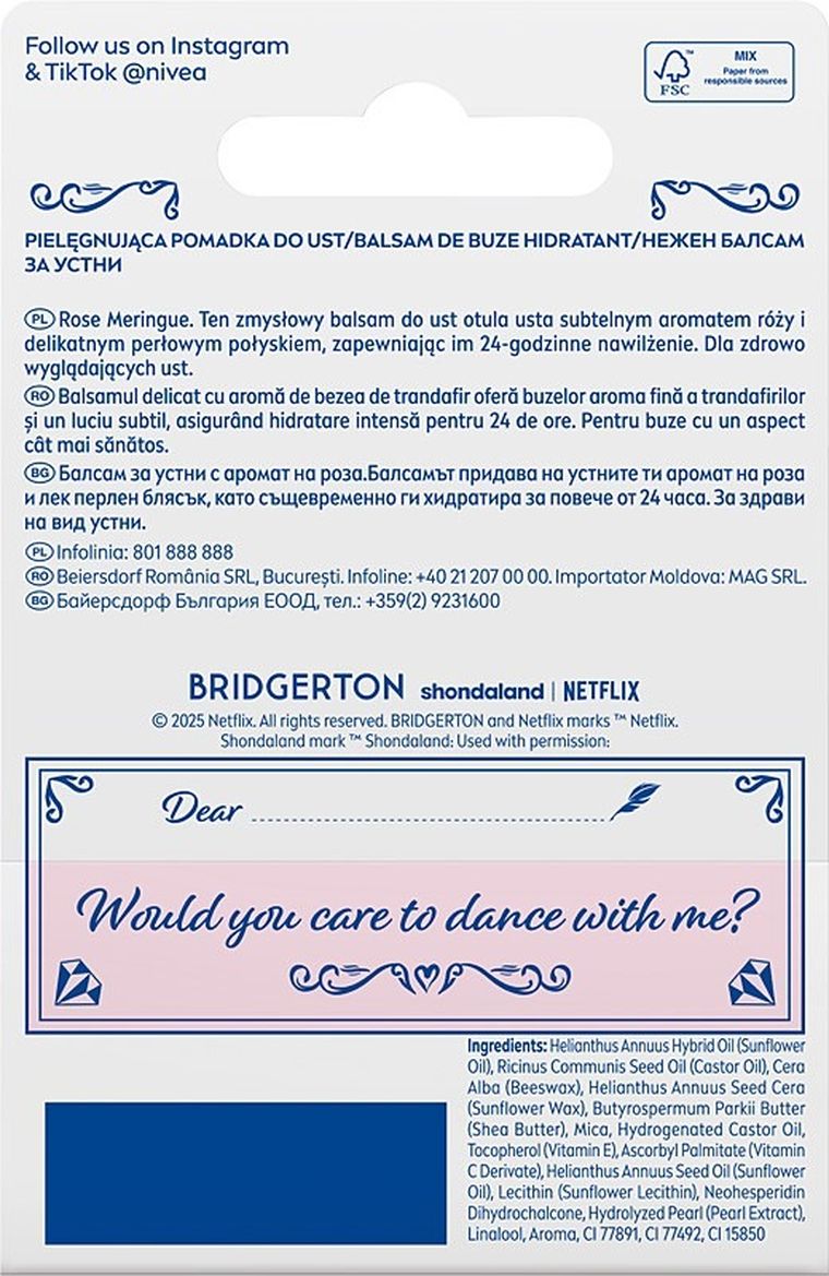 Nivea, Bridgerton Edition Daphne&Simon, pielęgnująca pomadka do ust, Rose Meringue, 4.8g