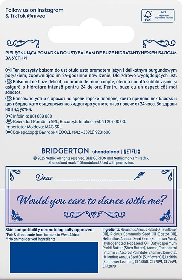 Nivea, Bridgerton Edition Kate&Anthony, pielęgnująca pomadka do ust, Blackberry Pie, 4.8g