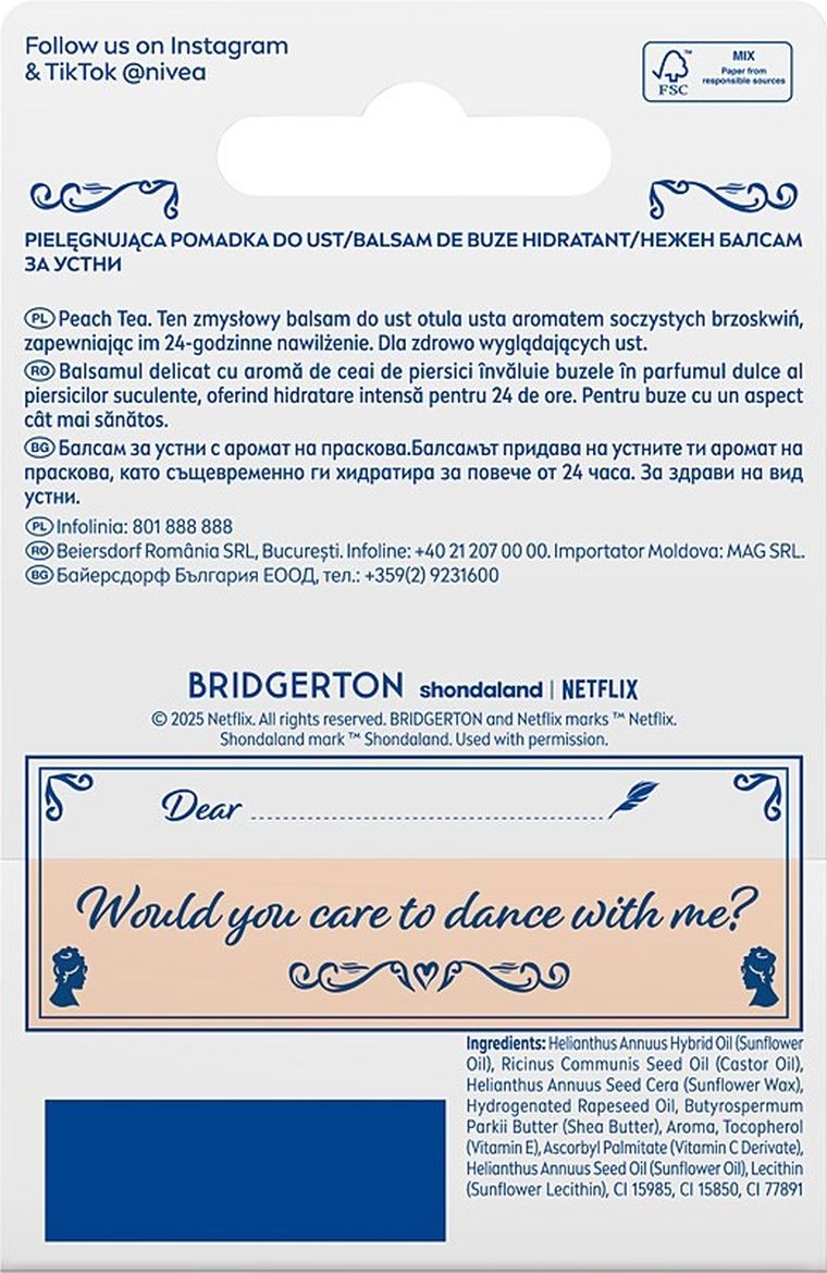 Nivea, Bridgerton Edition Penelope&Colin, pielęgnująca pomadka do ust, Peach Tea, 4.8g