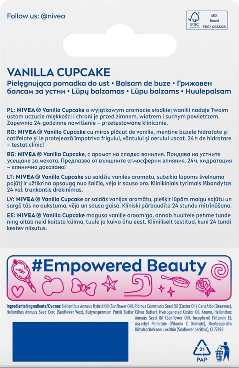 Nivea, Disney Princess, pielęgnująca pomadka do ust, Vanilla Cupcake Bella, 48g