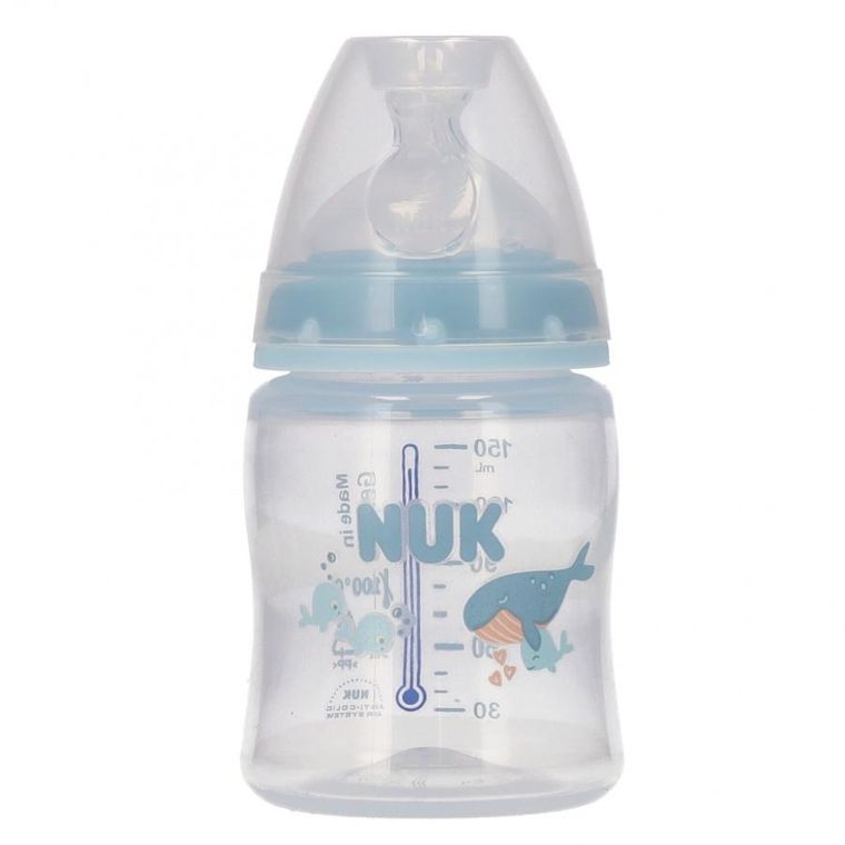Nuk, First Choice, butelka z silikonowym smoczkiem S, wieloryb, 150 ml
