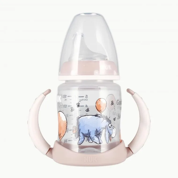 Nuk, First Choice, butelka z uchwytem, 6m+, osiołek, różowa, 150 ml