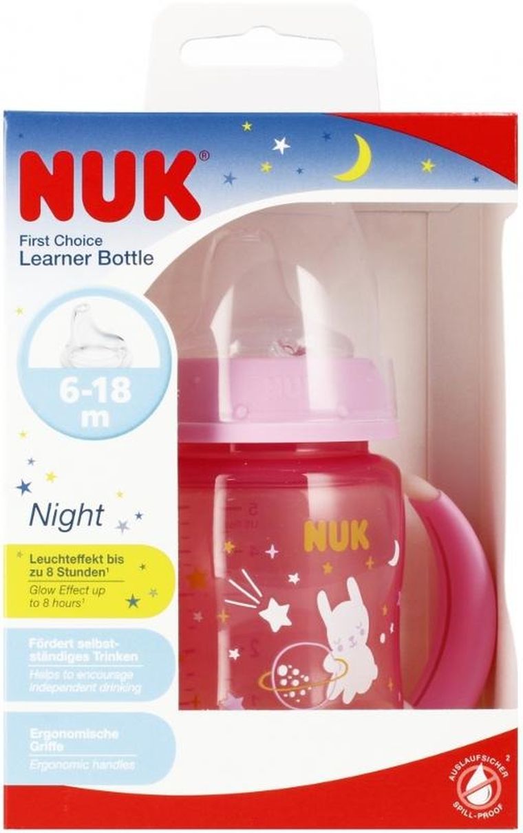 Nuk, First Choice Night, butelka z uchwytem, 6m+, różowa, 150 ml