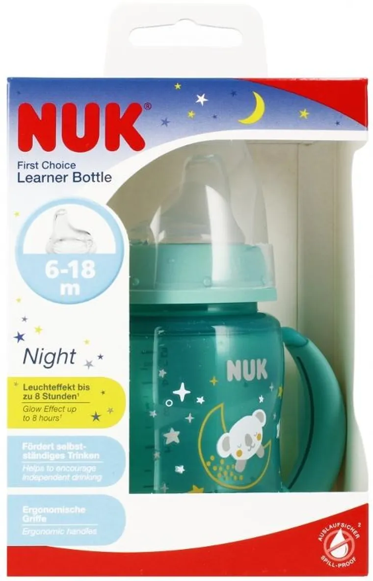 Nuk, First Choice Night, butelka z uchwytem, 6m+, zielona, 150 ml