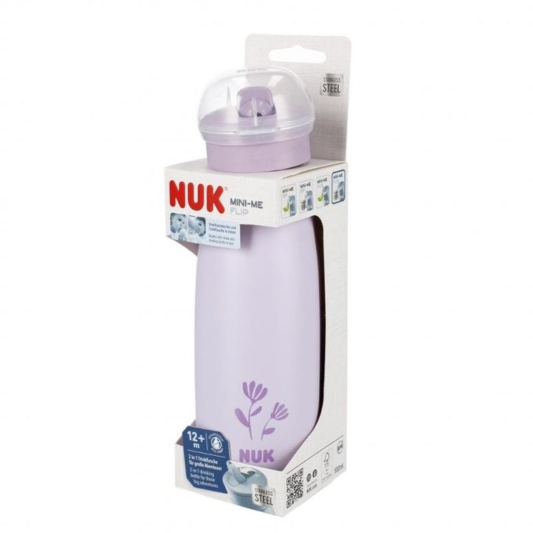Nuk, Mini-Me, Flip, kubek ze słomką, stalowy, 12m+, fioletowy, 500 ml