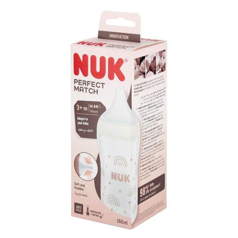 Nuk, Perfect Match, butelka, silikonowy smoczek, rozmiar M, tęcza, 260 ml
