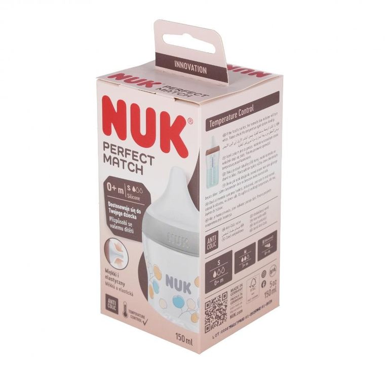 Nuk, Perfect Match, butelka, silikonowy smoczek, rozmiar S-M, bawełna, 150 ml