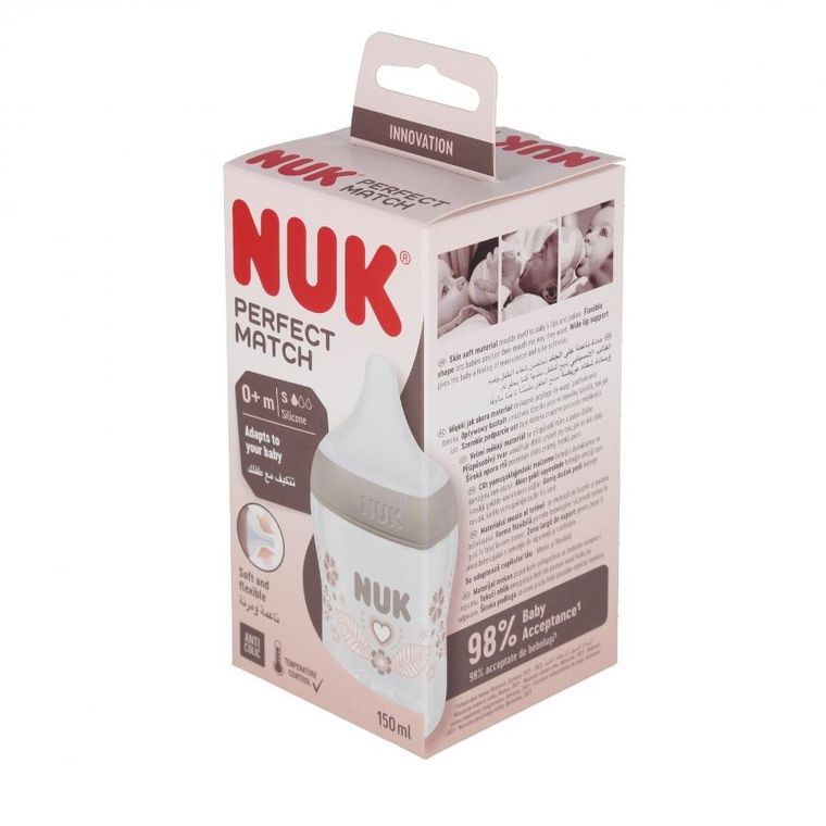 Nuk, Perfect Match, butelka, silikonowy smoczek, rozmiar S-M, serca, 150 ml