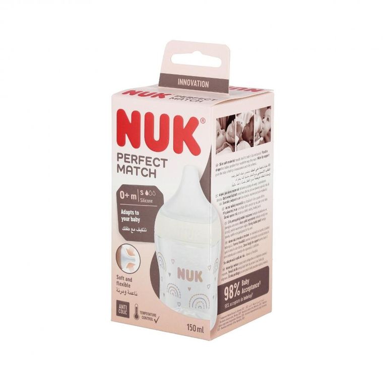 Nuk, Perfect Match, butelka, silikonowy smoczek, rozmiar S-M, tęcza, 150 ml