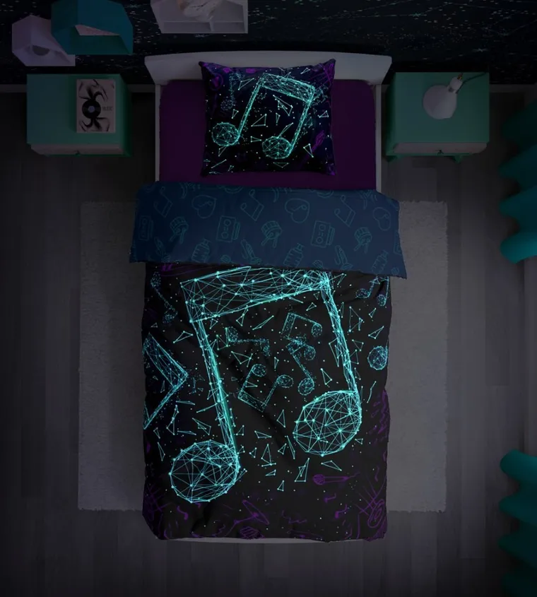 Nuty, Fluo, 2-częściowy komplet pościeli bawełnianej, świecąca w ciemności, 140-200 cm