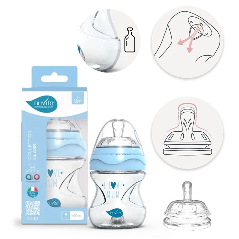 Nuvita, butelka szklana, antykolkowa, niebieska, 140 ml