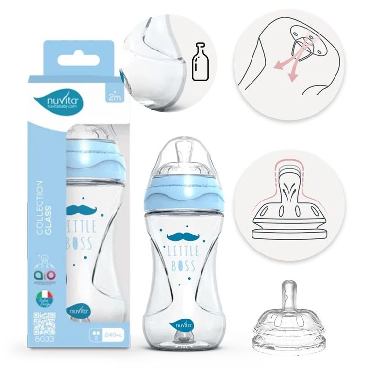 Nuvita, butelka szklana, antykolkowa, niebieska, 240 ml