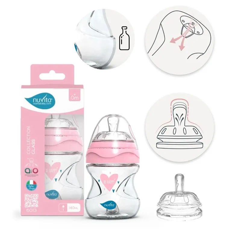 Nuvita, butelka szklana, antykolkowa, różowa, 140 ml