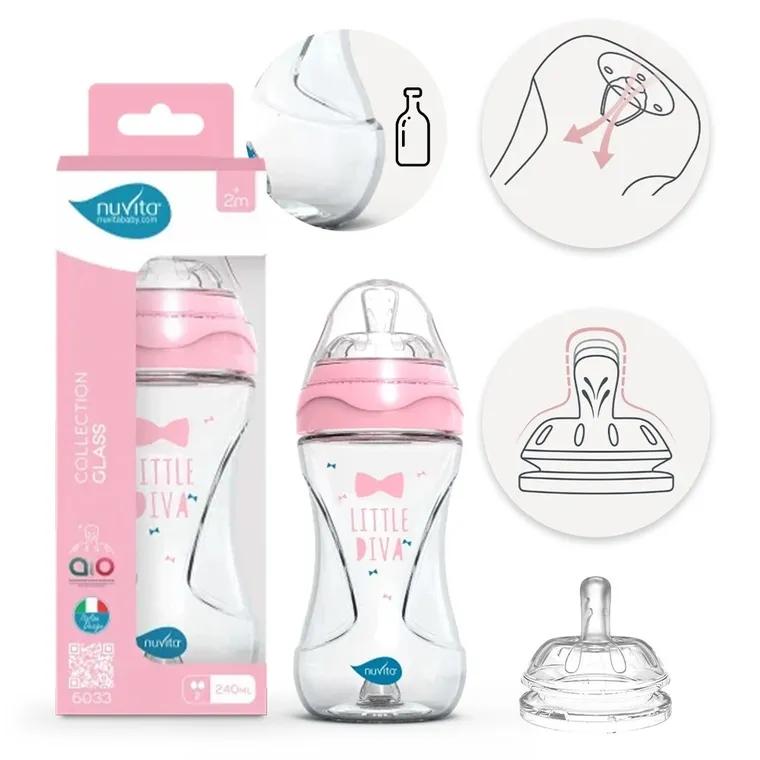 Nuvita, butelka szklana, antykolkowa, różowa, 240 ml
